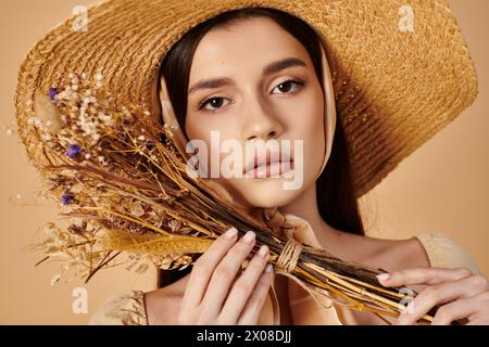 A young woman with long brunette hair smiles softly while holding a bunch of dried flowers in a straw hat. Stock Photo