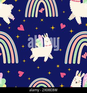 Cute alpaca unicorn vector seamless pattern. Llama with boho rainbow in the night sky repeat pattern textile design, wallpaper, background. Stock Vector