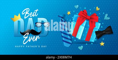 Happy Fathers Day, Best Dad Ever promotion banner with gift box. Father's Day poster with realistic 3D gift box, tie and bow tie on blue background Stock Vector