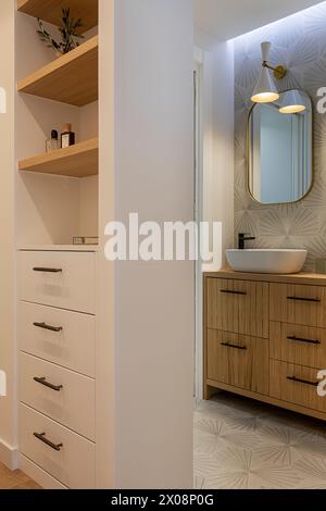 A tastefully decorated bathroom corner featuring wood cabinets, a stylish basin, mirror, and designer tiles Stock Photo
