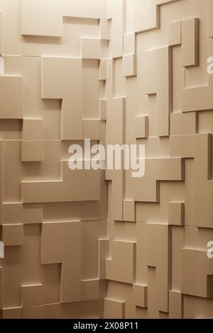 A contemporary design featuring various three-dimensional geometric shapes in beige tones protruding from a wall, creating a modern and minimalist tex Stock Photo