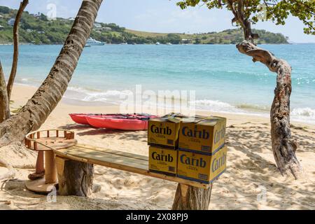 Red kayak and Carib beer on Friendship Bay beach, Bequia Island, St Vincent & the Grenadines, Caribbean Stock Photo