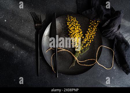 Top view of sophisticated black dinner plate and cutlery set adorned with bright yellow mimosa blossoms, tied with twine, on a dark textured backgroun Stock Photo