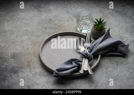 A tasteful minimalist table setting showcasing a ceramic plate, silver cutlery bundled in a grey napkin, a textured glass, and a miniature succulent p Stock Photo
