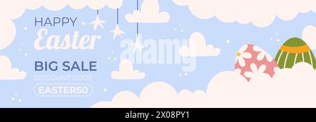 Easter sale horizontal banner template for promotion. Design on sky blue background with painted eggs lay on clouds, stars hanging by a string Stock Vector