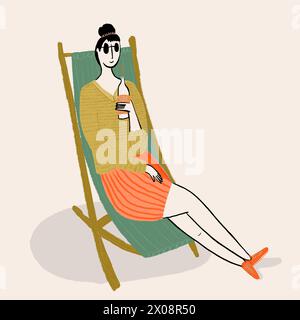 An illustrated woman reclines in a deck chair, sipping a soda, dressed in a cozy sweater and striped skirt. Stock Photo