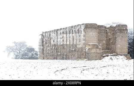 Ancient stone ruins covered in snow amidst a serene winter scene showing the peaceful embrace of nature Stock Photo
