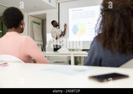 Black man presenting market share data during a business meeting to a diverse team. Stock Photo
