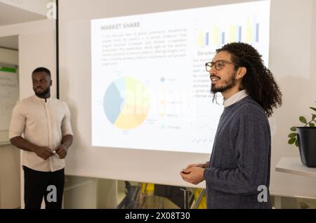 Two men presenting market analysis data, with an African American man standing aside and a Middle Eastern man looking away from the camera at a pie ch Stock Photo