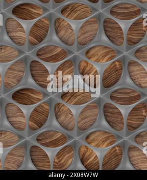Perforated solid matt gold construction on wooden background Metal grid High quality seamless realistic texture Stock Photo