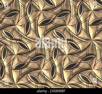Black leather tiles with gold decor classic 3d wallpaper High quality seamless realistic texture Stock Photo