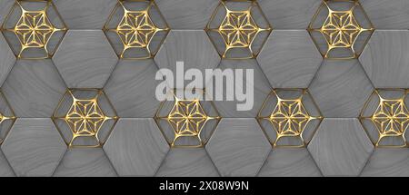 3D hexagon made of black painted wood with gold grid decor, High quality seamless realistic texture Stock Photo