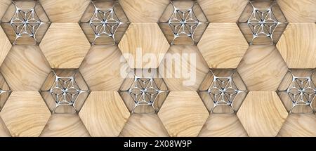 3D hexagon made of wood with silver decor Material wood oak, High quality seamless realistic texture Stock Photo