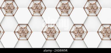 3D hexagon made of white painted wood with red gold grid decor, High quality seamless realistic texture Stock Photo