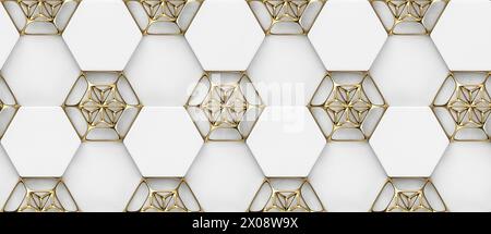 3D hexagon made of white painted wood with gold grid decor, High quality seamless realistic texture Stock Photo