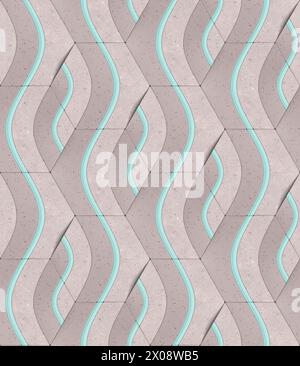 Geometric seamless 3D pattern in pink and light green material Waves series 3d illustration Stock Photo