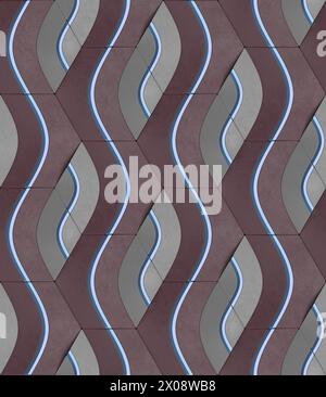 Geometric seamless 3D pattern in green with gold and gray elements Waves series 3d illustration Stock Photo