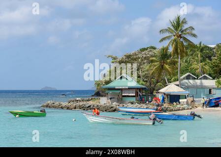 Fishing boats moored in Britannia Bay, Lovell Village, Mustique Island, St Vincent & the Grenadines, Caribbean Stock Photo