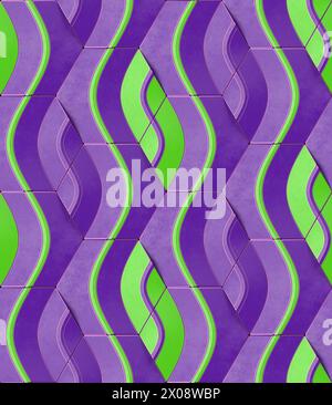 Striking 3D geometric wallpaper pattern featuring seamless purple and green shapes, ideal for enhancing modern interiors with a contemporary aesthetic Stock Photo