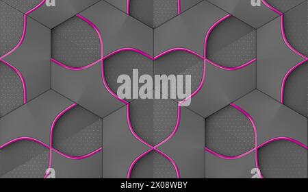 A stylish 3D geometric wallpaper design featuring seamless patterns in shades of grey with vibrant pink accents, perfect for high-end decorating needs Stock Photo