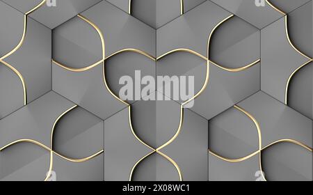 This striking 3D wallpaper design features seamless geometric shapes with elegant gold lines, perfect for sophisticated interior design projects Stock Photo