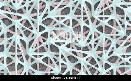 An intricate web of interconnected blue and pink structures overlays a rough concrete texture, creating a modern abstract background Stock Photo