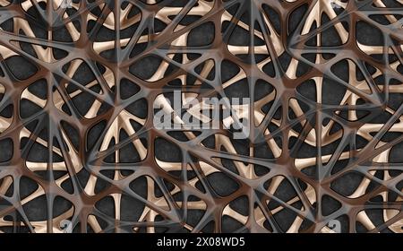 An intricate abstract pattern of interconnected bronze lines over a black background suitable for modern designs Stock Photo