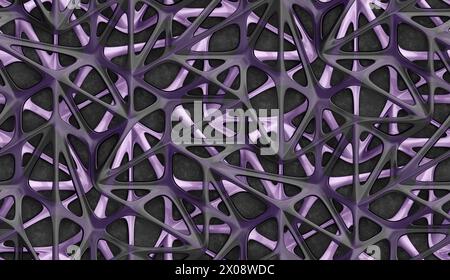 A seamless abstract design featuring a complex, intertwined mesh pattern in shades of purple set against a dark backdrop Stock Photo