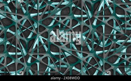 An abstract 3D design featuring an interwoven mesh pattern in shades of teal and gray with a dark, textured background Stock Photo