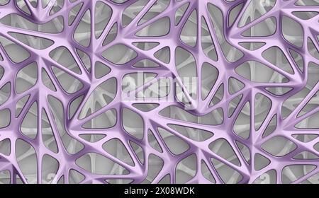 A 3D rendered image depicting a complex purple web-like structure over a muted grey backdrop, illustrating a blend of organic and geometric shapes Stock Photo