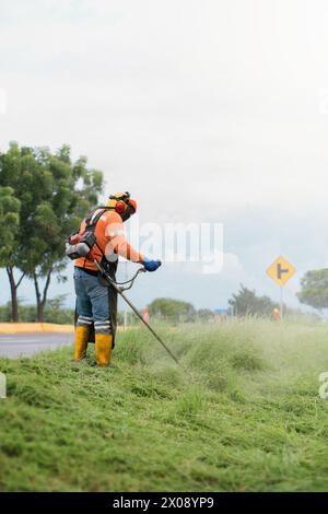 A landscaper in safety gear uses a weed scythe to trim tall grass along a roadside, with hearing protection and vibrant orange uniform Stock Photo