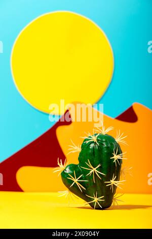 A vibrant photo featuring a green, heart-shaped cactus against a bold, geometric background of yellow, blue, and red shapes. Stock Photo