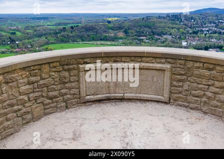 Plaque on the Salomons Memorial at the top of Box Hill near Dorking, Surrey, south-east England remembering donor Leopold Salomons of Norbury Park Stock Photo