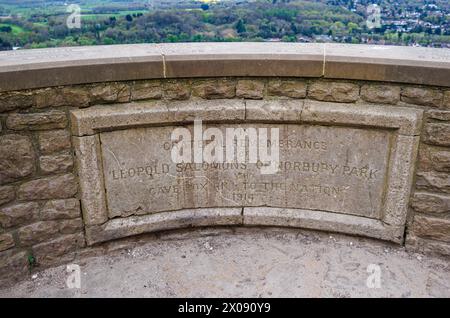 Plaque on the Salomons Memorial at the top of Box Hill near Dorking, Surrey, south-east England remembering donor Leopold Salomons of Norbury Park Stock Photo