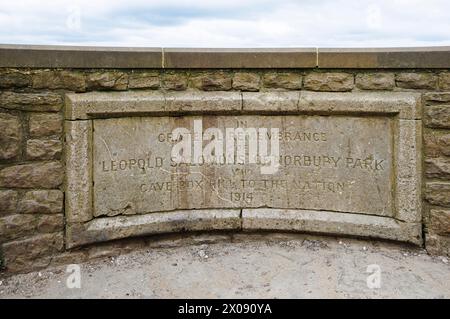 Plaque on the Salomons Memorial at the top of Box Hill near Dorking, Surrey, south-east England remembering donor Leopold Salomons of Norbury Park Stock Photo