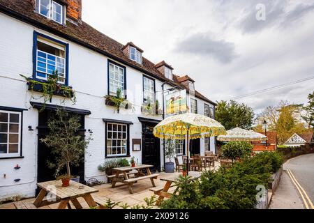 Front view of the Running Horses, a roadside 16th century inn, pub and restaurant in Mickleham, a village outside Dorking, Surrey Stock Photo