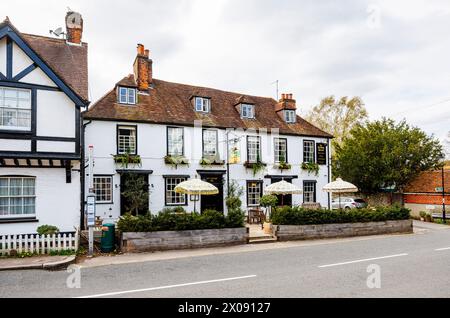 Front view of the Running Horses, a roadside 16th century inn, pub and restaurant in Mickleham, a village outside Dorking, Surrey Stock Photo