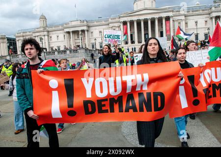 London, UK. 10th Apr, 2024. Youth Demand support Palestine in Trafalgar Square. Youth Demand is a new resistance campaign fighting for an end to genocide. They demand a two way arms embargo on Israel and and end to new gas and oil drilling. Credit: JOHNNY ARMSTEAD/Alamy Live News Stock Photo