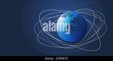 Abstract Dark Blue Minimal Style Sattellite Network Connections Design Concept with Oval Orbiting Lines Around Lit Earth Globe in Space - Vector Illus Stock Vector