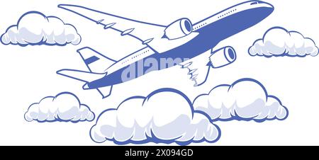 Plane above clouds. Silhouette airliner flying in sky. Vector icon on transparent background Stock Vector
