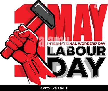 Labour day concept with red hand holding hammer. Vector editable on transparent background Stock Vector