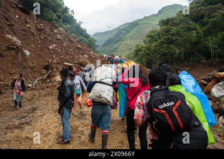 A massive landslide covers the road between Huanuco and Tingo Maria in the Peruvian Andes where erosion is common Stock Photo