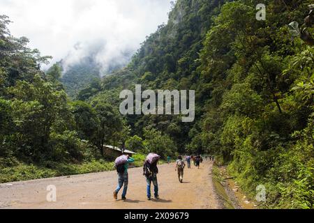 A massive landslide covers the road between Huanuco and Tingo Maria in the Peruvian Andes where erosion is common Stock Photo