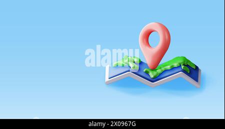 3D cartoon folded world map with location pin Stock Vector