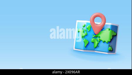 3D cartoon folded world map with location pin Stock Vector