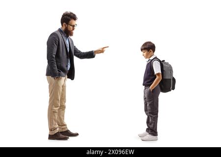 Full length profile shot of a father reprimanding a schoolboy isolated on white background Stock Photo
