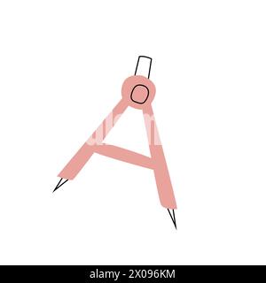 Pencil compass vector illustration in doodle style, pink colors. Vector illustration with outline and color elements, trendy style. Stock Vector