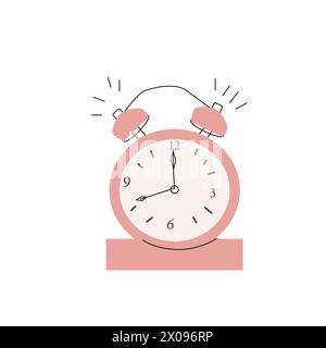 Doodle alarm clock ring cartoon illustration. Vector illustration for education or business concept. Pastel pink color alarm. Stock Vector