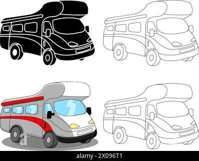 Motor home or campervan, silhouette knockout, black and white, cartoon and transparent versions Stock Vector