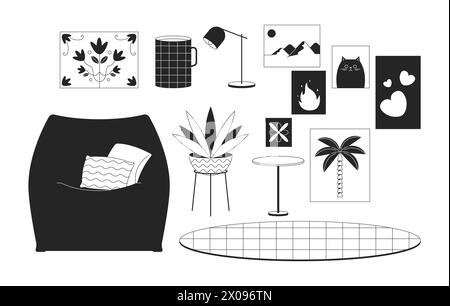 Domestic comfort improvement black and white 2D line cartoon objects set Stock Vector